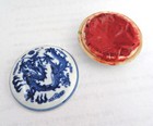 Vintage Chinese Blue   White Dragon Porcelain Box W  Chop Stamp Red Ink Wax Used