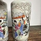 Pair Antique Chinese Famille Rose Enamel Women Porcelain Vases W  Qianlong Marks