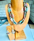 90 s Boho Artisan Necklace Earring Set Jasper Amazonite Rhodonite Agate Sterling