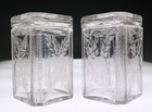 Pair Antique Cut Etched Glass Square Dresser Vanity Jar American Brilliant As-is