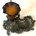Vtg Art Nouveau Small Stained Glass Lamp Night Light Dark Bronzed Metal Base