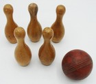 Vintage Set Of 5 Miniature Bowling 5  Wood Pins And Rubber Ball