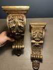 Vintage Pair Gold Gilt Acanthus Leaf Wall Corbels Ornate Shelf Brackets 14   