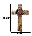 Rustic Western Faux Wooden Sacred Heart With Crown Of Thorns Decor Wall Cross