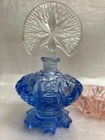 Antique Czechoslovakian Blue Perfume Bottle With Fan Stopper   Pink Trinket Dish