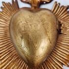 5in Sacred Heart Ex Voto Locket Ornament  Antiqued Gold Burning Heart Milagro