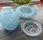 L g  Wright 3 Piece Embossed Roses Fairy Lamp Light Blue Satin Made By Fenton 