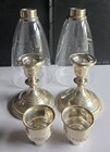 2 Set Vintage Marked Sterling Silver Candlesticks With Etched Hurricane Shades 