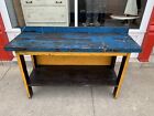 Antique Painted Oak Workbench Yellow Blue Heavy Industrial