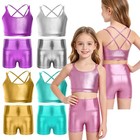 Kids Girls Metallic Crop Tank Top With Shorts Set Gymnastics Dance Training Wear