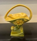 Vintage Roseville Art Pottery Handled Basket 377-8 Usa Floral Yellow Green Glaze