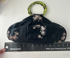 Vintage Style Anna Stanbury Black Satin Purse W pink Flowers And Green Handle