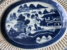Antique Chinese Porcelain  Canton Import Blue Lattice Oval Platter 10 In