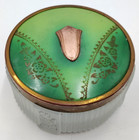 Pair Vintage Art Deco Glass Vanity Powder Green W brass Lid Embossed Trinket Jar