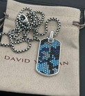David yurman Sterling Silver 44mm Streamline Dog Tag   Camo Sapphires 24 Inch