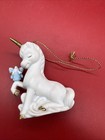 Vintage Enesco 1980 s White Ceramic Unicorn Sitting Figurine W  Angel  Gold Horn