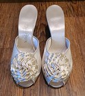 Vtg 50s Peep Toe Daniel Green Shoes 10 Ivory Satin Mule Hi Heel Boudoir Slipper 