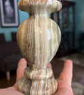 Vtg Onyx Marble Vase Carved Natural Stone 4  Candle Holder Banded Greens 