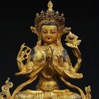 8  Old Tibet Buddhism Bronze Gilt 4 Arms Chenrezig Avalokiteshvara Buddha Statue