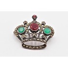 Vintage Sterling Silver Marcasite Crown Pin Brooch Royal Green Red Signed Binbp