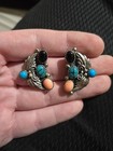 Vintage Navajo Signed Ede Sterling Silver 925 Turquoise Coral Onyx Leaf Earrings