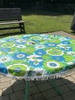 Vintage Retro 70s Vinyl Fringe Tablecloth Mod Floral Blue Green Round 54    Zip