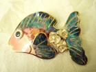 Huge Vintage Blue Pink Gold Luster Ceramic Goggle Eye Fish Brooch White Flowers