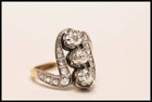 Vintage Lab Created Diamond Ring Art Deco 3-stone Bypass 14k Two Tone Gold Over