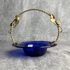 Antique French Napoleon Cobalt Blue Glass Floral Metal Handle Basket 6   