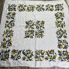 Vintage Tablecloth Blue Green Floral Pattern Linen  48  Square