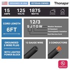 10 Ft Outdoor Extension Cord - 12 3 Sjtw Heavy Duty Black Cable - 3 Prong Plug