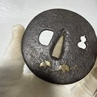 Antique Japanese Iron Tsuba     Two Leaf Design With Metal Inlay