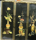 Vintage Asian Chinese Black Lacquered Wood Carved Soapstone 4 Panels -36 x 12 