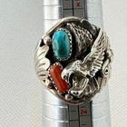 Richard Begay Navajo Eagle Ring Turquoise Coral Sterling Silver Size 13