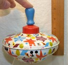 Works Vtg Ohio Art Tin Litho Toy Metal Spinning Top Colorful Stars Wood Handle