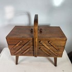 Vintage Wood Accordion Style Sewing Box 3 Tier Fold Out Chest Mid Century Modern