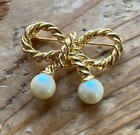 Vintage Brooch - Genuine Solid Gold-plated Rope Bow Brooch With Faux Pearls