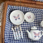 Mini Pretend Play Tea Set W  Wicker Picnic Basket Case  Butterfly Design