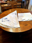 Vtg White Tablecloth Blue Cross Stitch 8 Napkins Floral Cutout Cotton Round 64 