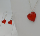 Vtg 925 Red Glass Heart Necklace Earrings Set 18in Sterling Silver Valentine Euc