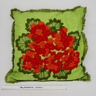 Vintage Embroidered Accent Pillow Red Orange Flowers On Green Fringe 17  Square