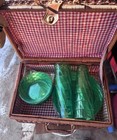 Vintage Picnic Basket With Green Dishes That Are Brand New In Plastic Still New