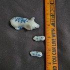 Vtg Blue White Pig Miniature Figurine Family Mama 2 Piglets Floral Delft Style