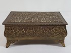 Vintage Footed Ornate Brass Jewelry Trinket Box W floral Embossed Lid   Velvet