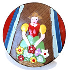 Vintage Button large Painted Wood Girl W Basket Backmark Czechoslovakia