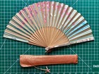 Japanese Vintage Hand Painted Fabric Pearl Folding Fan  Silk Sleeve Coral 