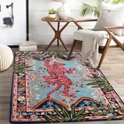 Bold Tiger Jungle Area Rug - Red Tiger On Blue With Exotic Border - Hand-tufted