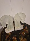 Vintage Pair Of White Onyx Trojan Horse Head Bookends Natural Stone Marble 