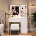 Make Up Vanity Desk With Lighted Mirror     4 Drawer Power Outlet Storage Stool