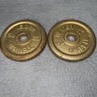 Vtg Lot 2 Weider Barbell Weigh Plate 5lb 1    Hole Gold Painted Cast Iron 2 25kg